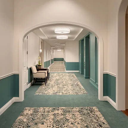 Stylish carpet design for sophisticated interiors Elegant hallway with patterned carpet and teal wall accents