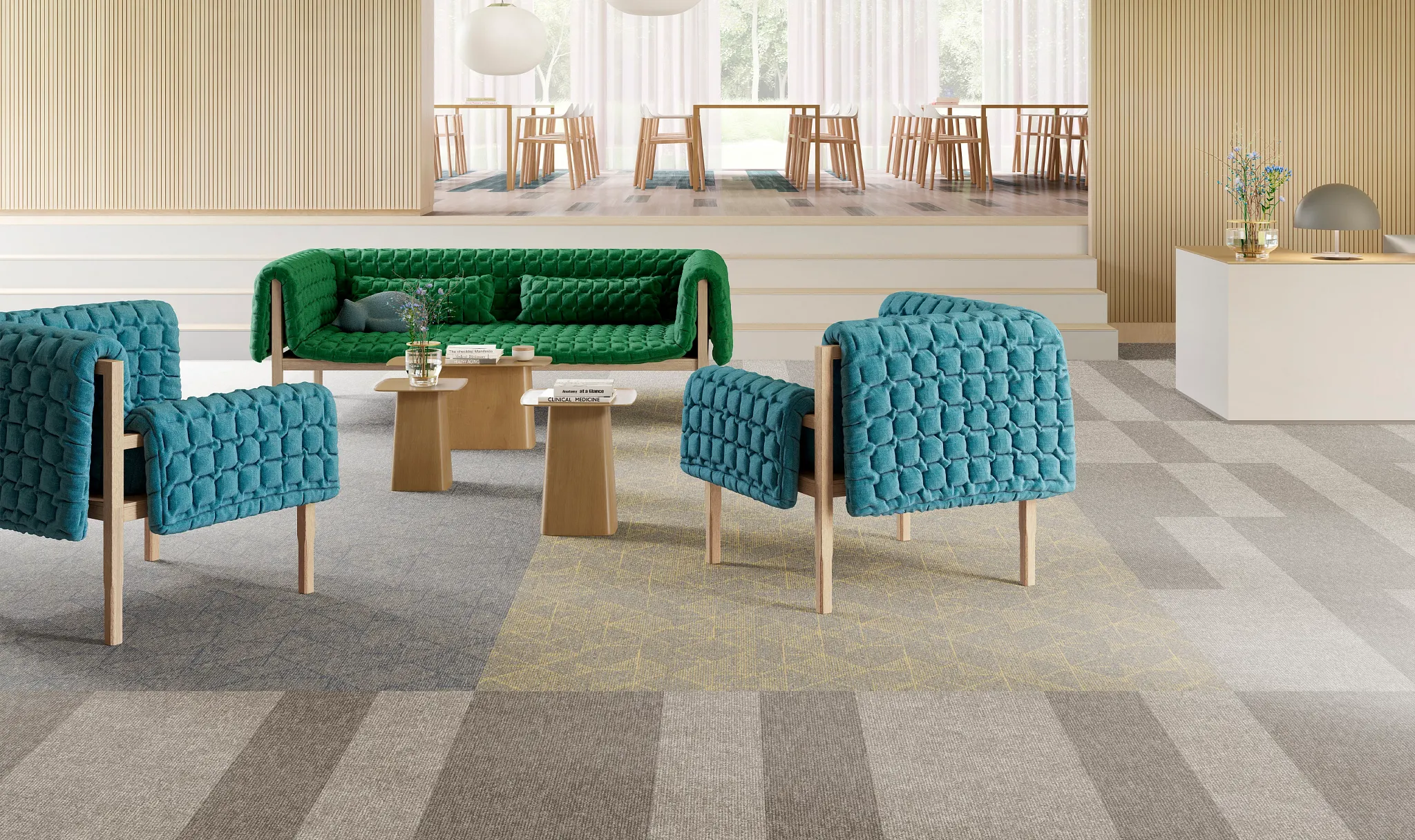 Modern education facility with colorful seating and patterned commercial carpet tile flooring