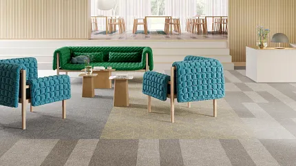 Education Facility with Commercial Carpet Tile Flooring and Vibrant Seating Arrangement Modern education facility with colorful seating and patterned commercial carpet tile flooring