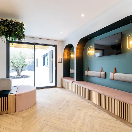 Contemporary interior design with elegant wood flooring Modern room with herringbone wood flooring and stylish seating