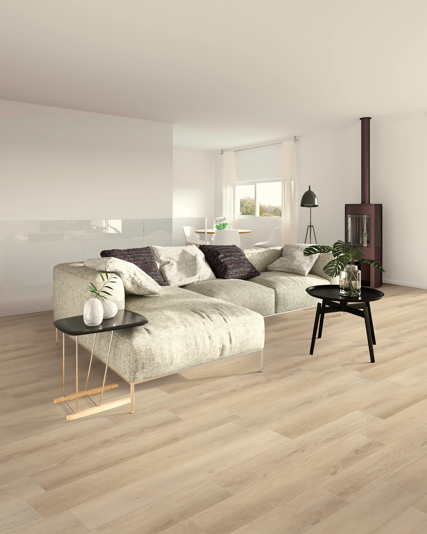 Aurora Oak flooring, shown in a room