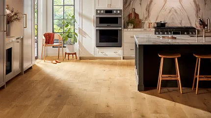 Elegant Hardwood Flooring in Stylish Kitchen Modern kitchen with natural light hardwood flooring
