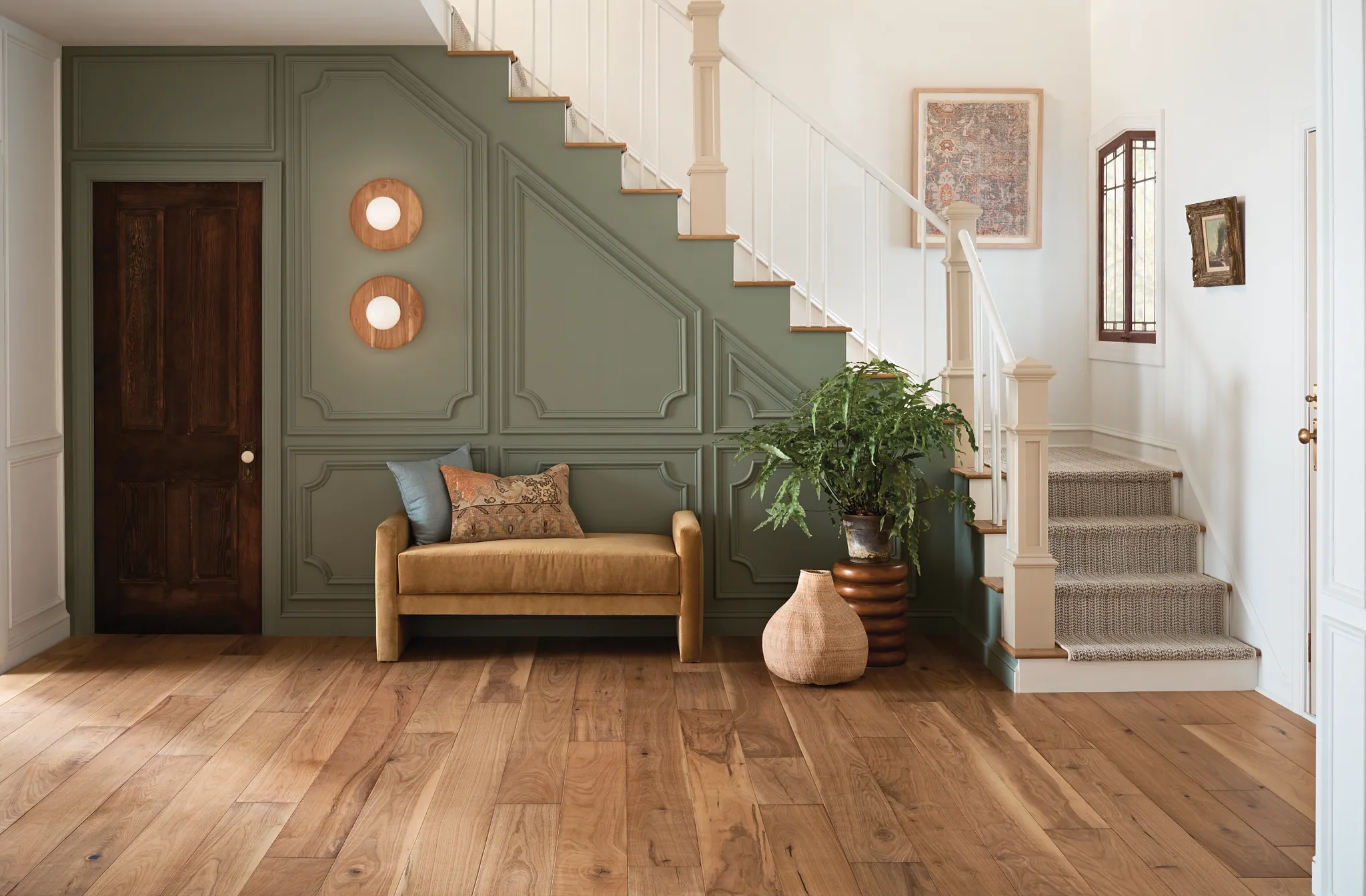 Elegant hardwood flooring in a spacious hallway with natural wood tones