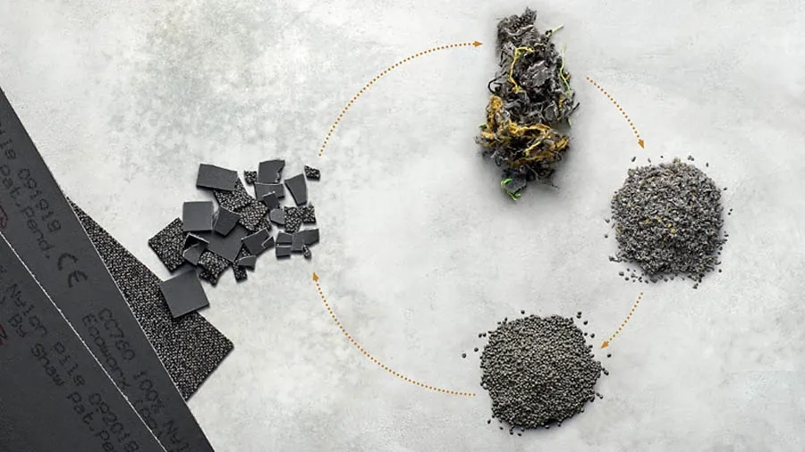 Image showing the recycling process of commercial flooring materials with black and grey granules
