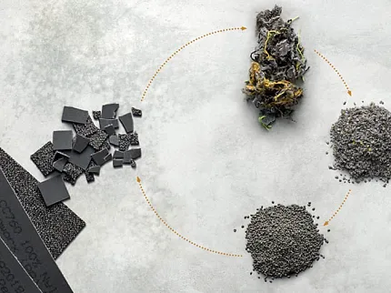 Recycling Process of Commercial Flooring Materials Image showing the recycling process of commercial flooring materials with black and grey granules