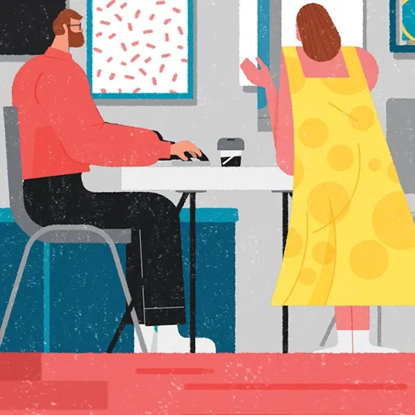 Illustration of a man and woman in a colorful room with red flooring