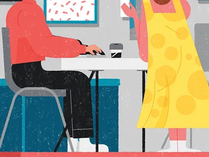 Colorful room scene with red flooring and people illustration Illustration of a man and woman in a colorful room with red flooring