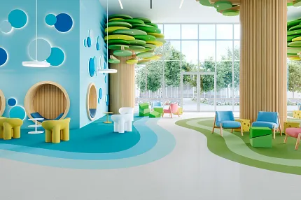 Colorful Vinyl Flooring for Creative Children’s Playroom <strong>Vitality Hues</strong> in Excel + Verve + Vigor + Spirit + Pizazz + Dream