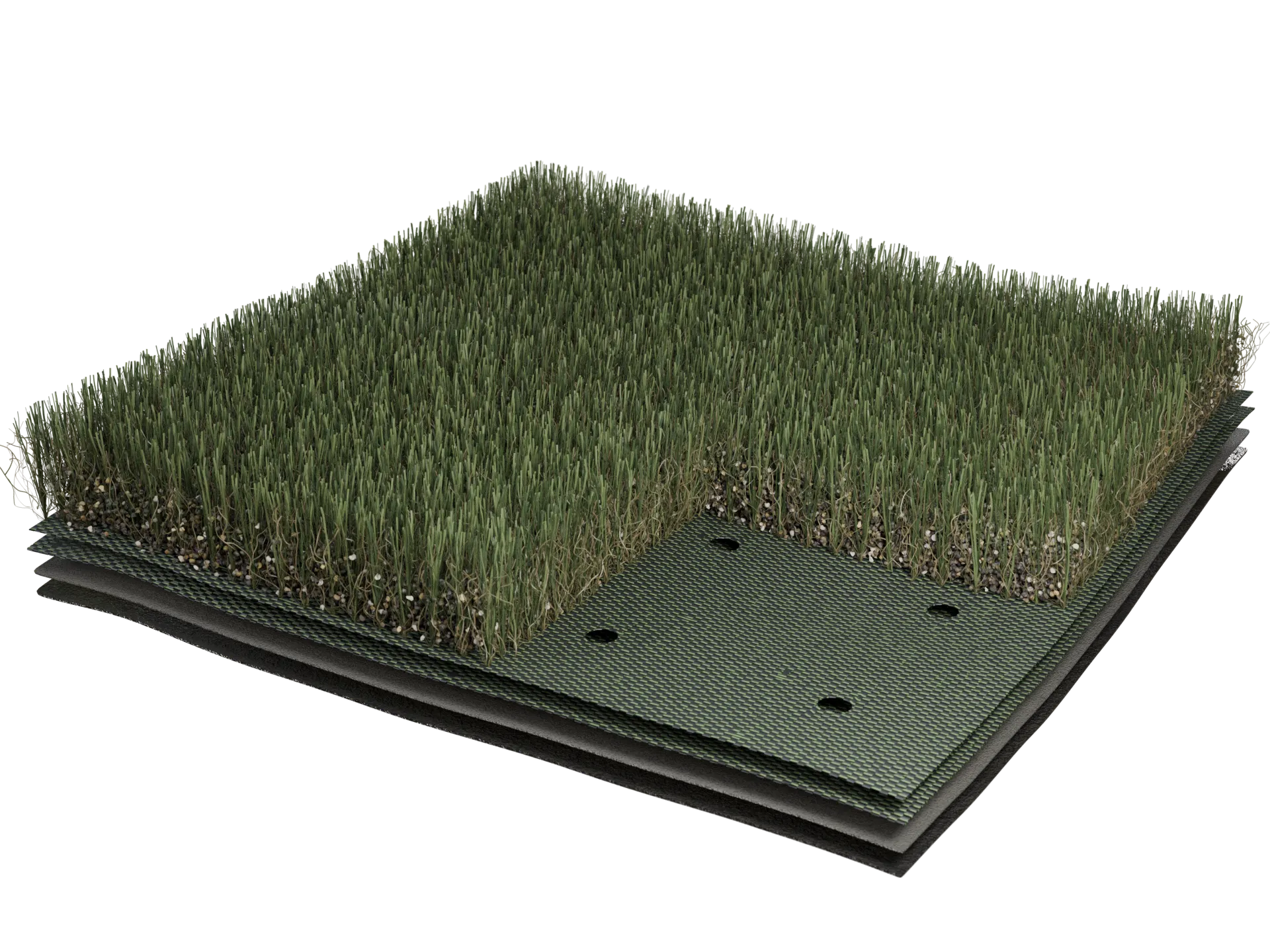 Artificial grass flooring sample with layered construction