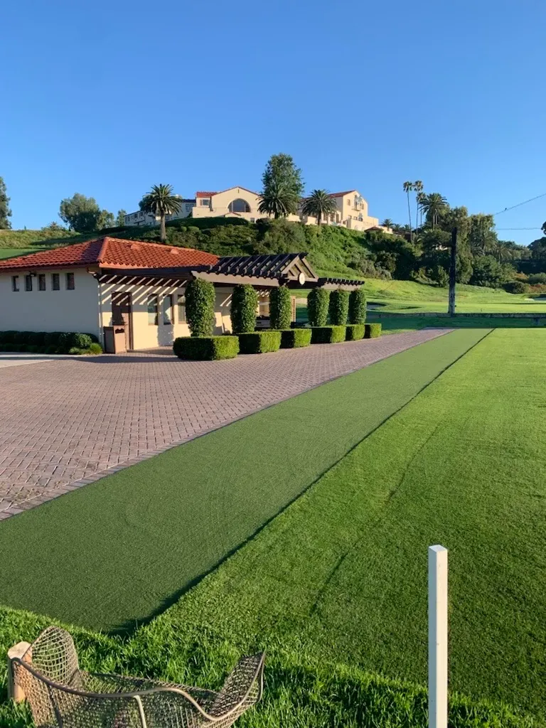 Green artificial turf in a landscaped outdoor setting