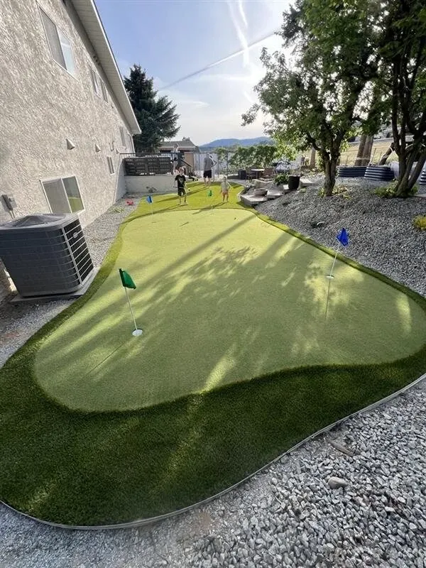 Backyard putting green with flags and people