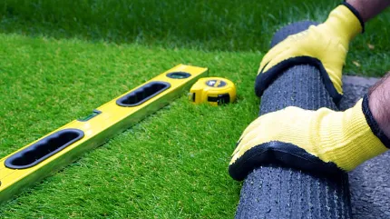 Professional artificial turf installation process Installation of artificial grass with tools and gloves