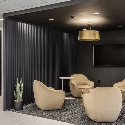Stylish commercial carpet tile 9x36 inch for workplace lounges Modern workplace lounge with beige chairs and carpet tile flooring