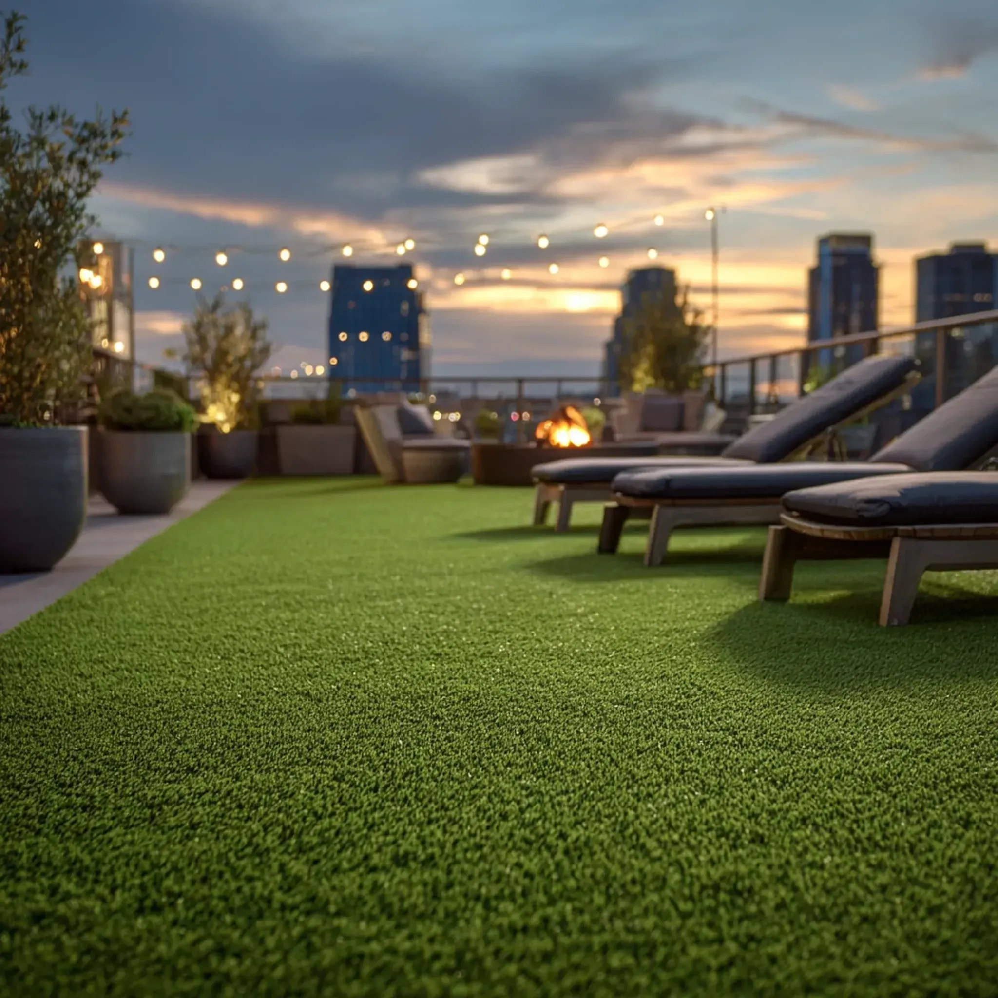 Green artificial grass on a rooftop terrace at sunset