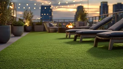Stylish outdoor artificial grass for modern rooftop spaces Green artificial grass on a rooftop terrace at sunset