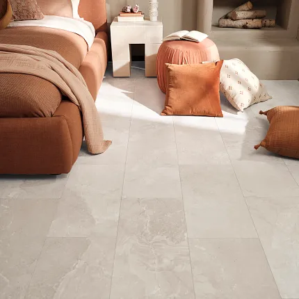 Coretec Mineral Core Residential Stone Look Luxury Vinyl Tile Flooring in Bedroom Scene bedroom with luxury vinyl tile floor in a stone look with dimensions of 2362x1181 inches