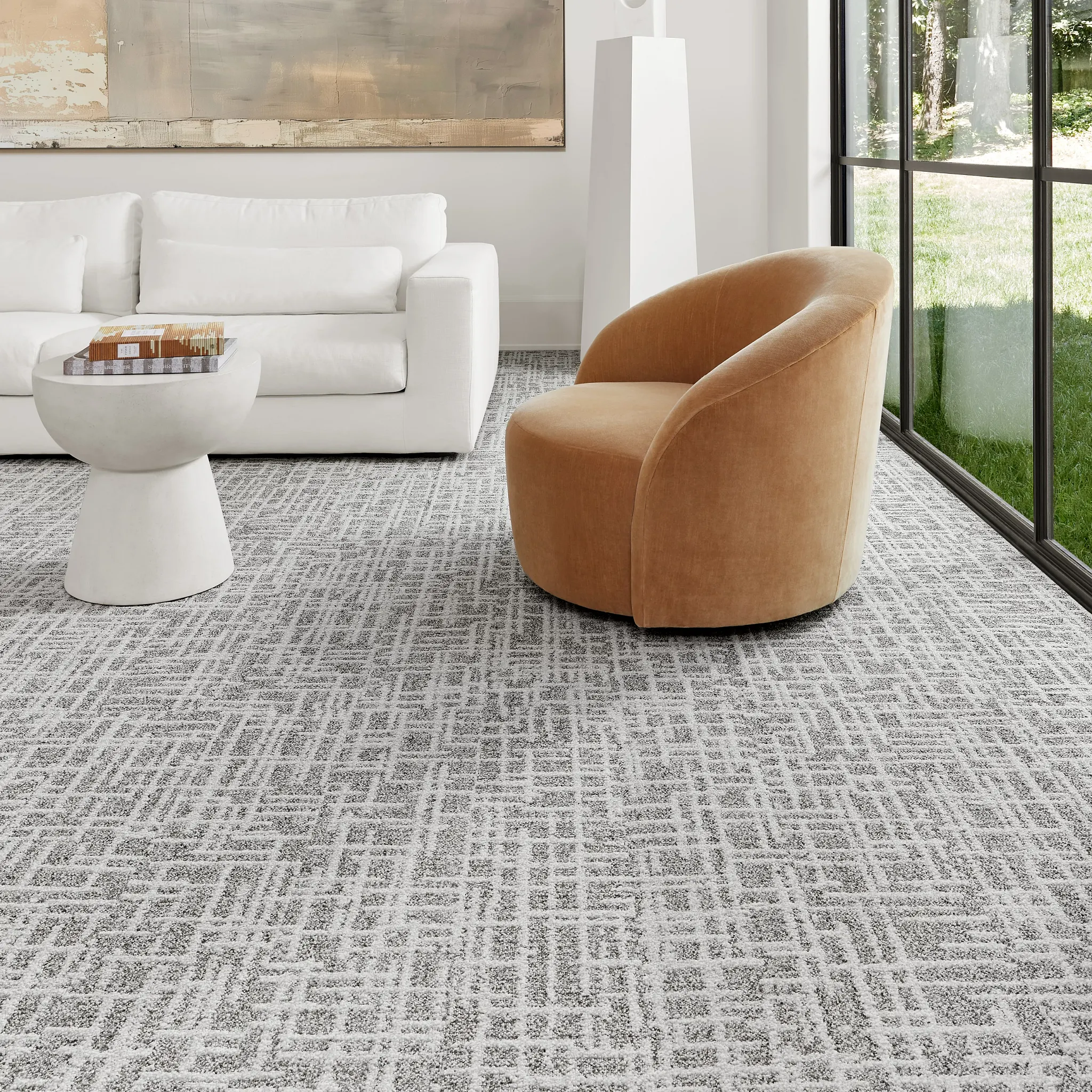 Modern living room with eco-friendly carpet tile flooring