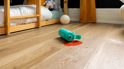 Waterproof Luxury Vinyl Plank Flooring in Kitchen Scene Child playing on waterproof luxury vinyl plank flooring in a kitchen setting