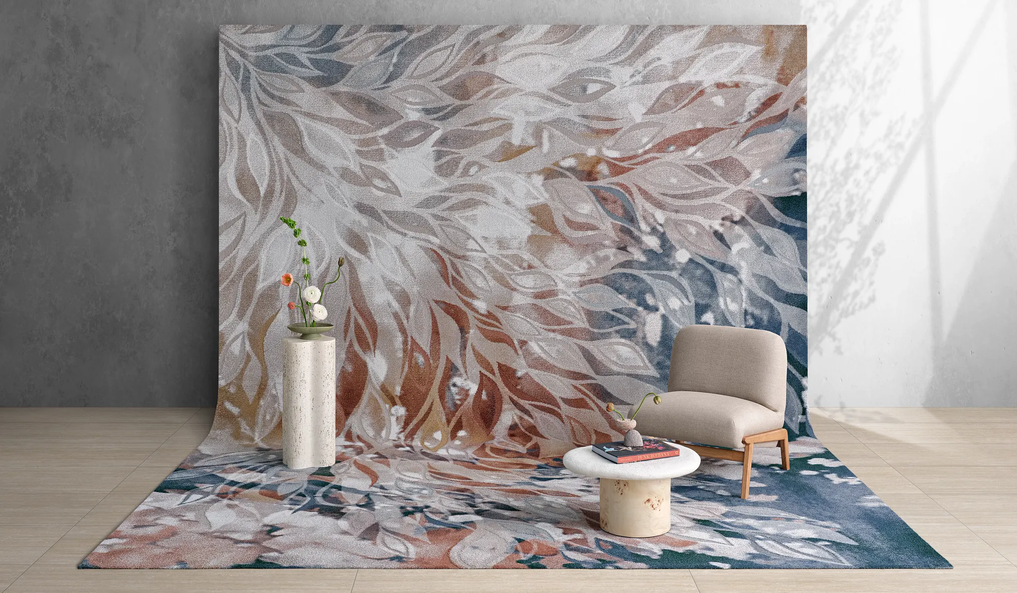 Modern living room with abstract floral carpet and beige ceramic tile flooring