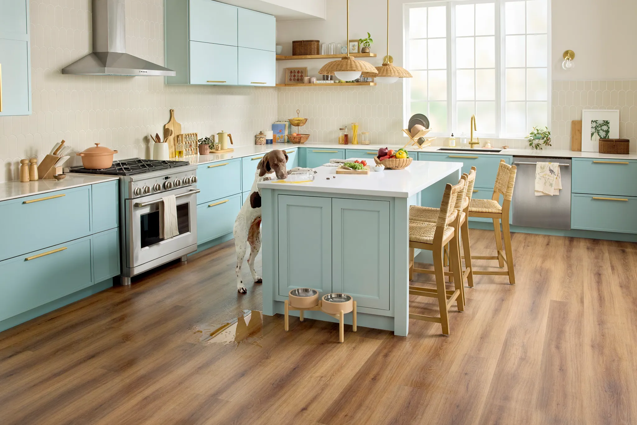 Cozy living room with elegant hardwood flooring, featuring a warm brown tone, complemented by modern white and gray furniture