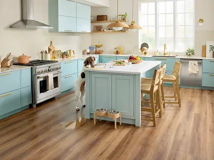 Elegant Hardwood Flooring in a Cozy Living Room Setting Cozy living room with elegant hardwood flooring, featuring a warm brown tone, complemented by modern white and gray furniture