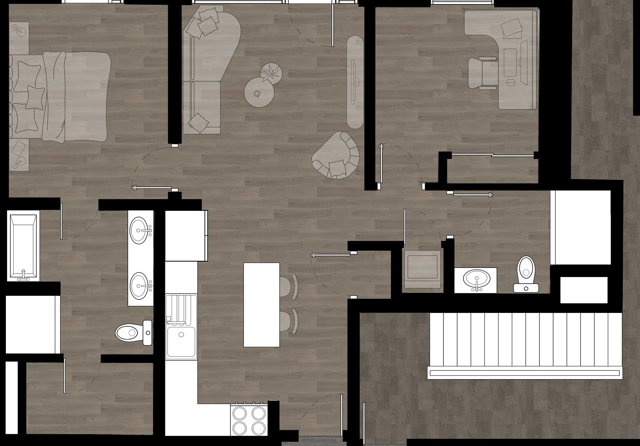 Floor plan with wood flooring in various rooms