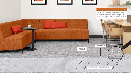 Stylish gray carpet tiles in contemporary living space Modern living room with orange sofa and gray carpet tiles