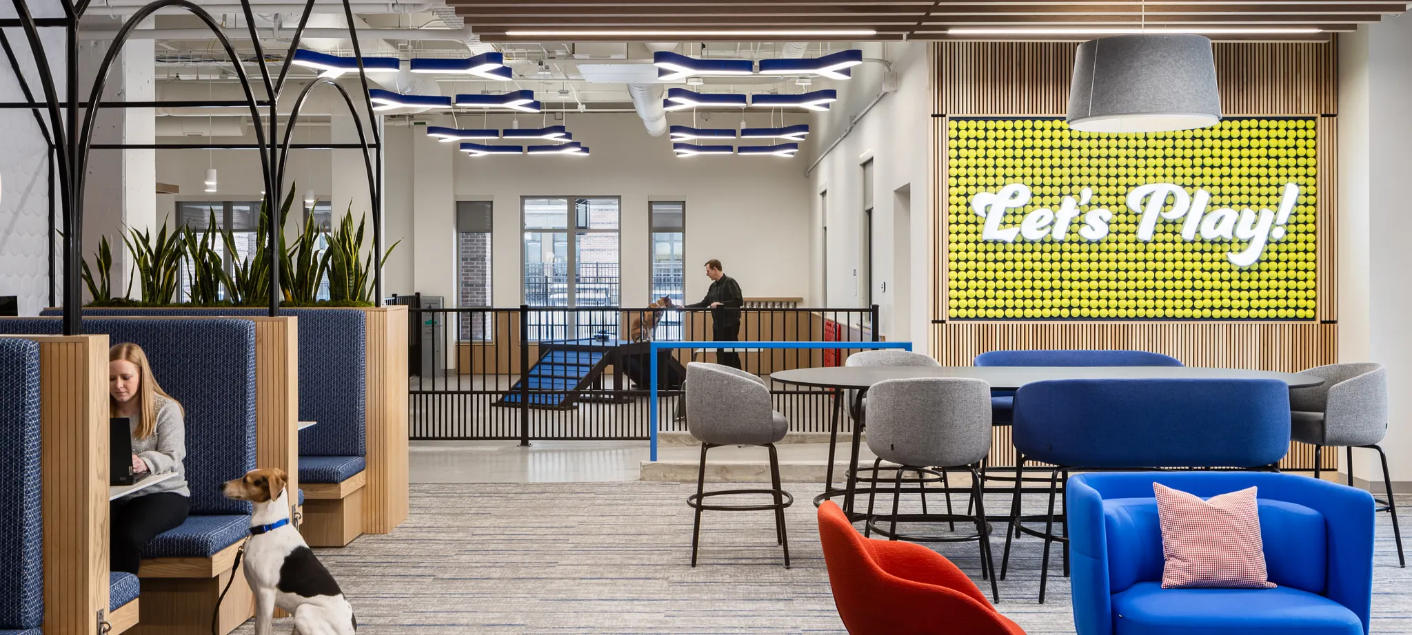 Modern workplace with commercial carpet tile flooring, featuring a collaborative seating area with blue and red chairs, a "Let's Play" sign, and a dog-friendly environment.
