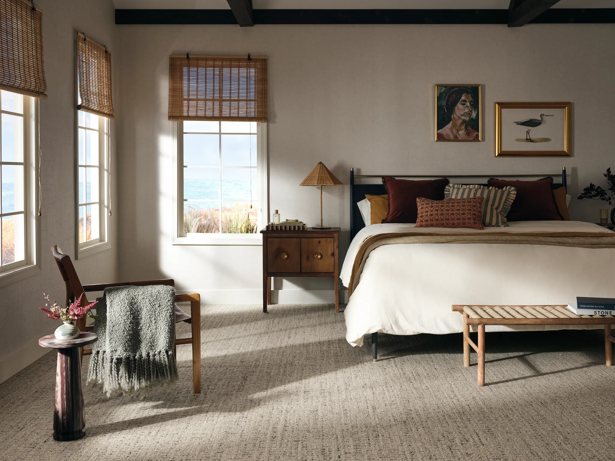 Elegant living room with 100% wool carpet flooring, featuring modern furniture and a piano