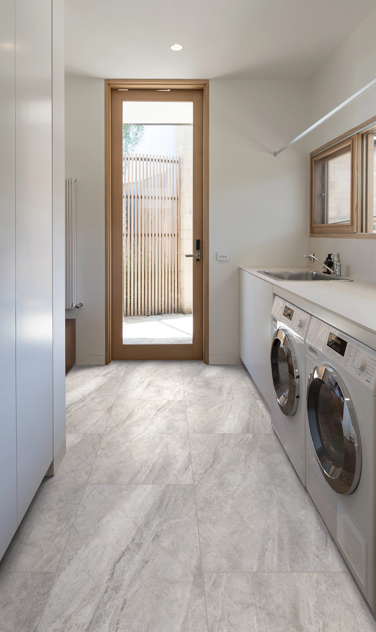 Graphite Travertine flooring, shown in a room