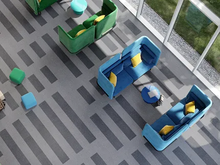 Stylish carpet flooring for vibrant office environments Modern office space with striped carpet flooring and colorful seating