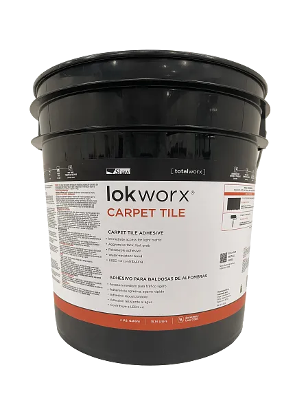 Lokworx Carpet Tile Adhesive for Commercial Carpet Tile Installation Lokworx Carpet Tile Adhesive in black container with product details