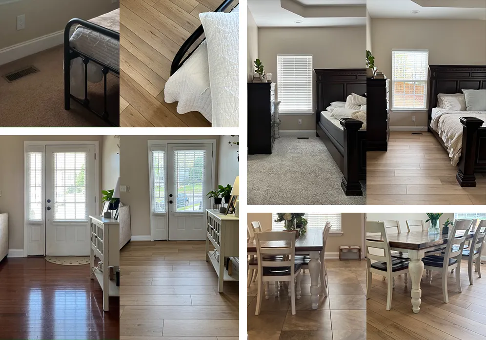 Modern residential interiors showcasing luxury vinyl flooring in various rooms including bedroom and dining area, featuring wood and stone look finishes.