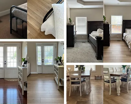 Luxury Vinyl Flooring in Residential Interiors - Wood and Stone Look Finishes Modern residential interiors showcasing luxury vinyl flooring in various rooms including bedroom and dining area, featuring wood and stone look finishes.