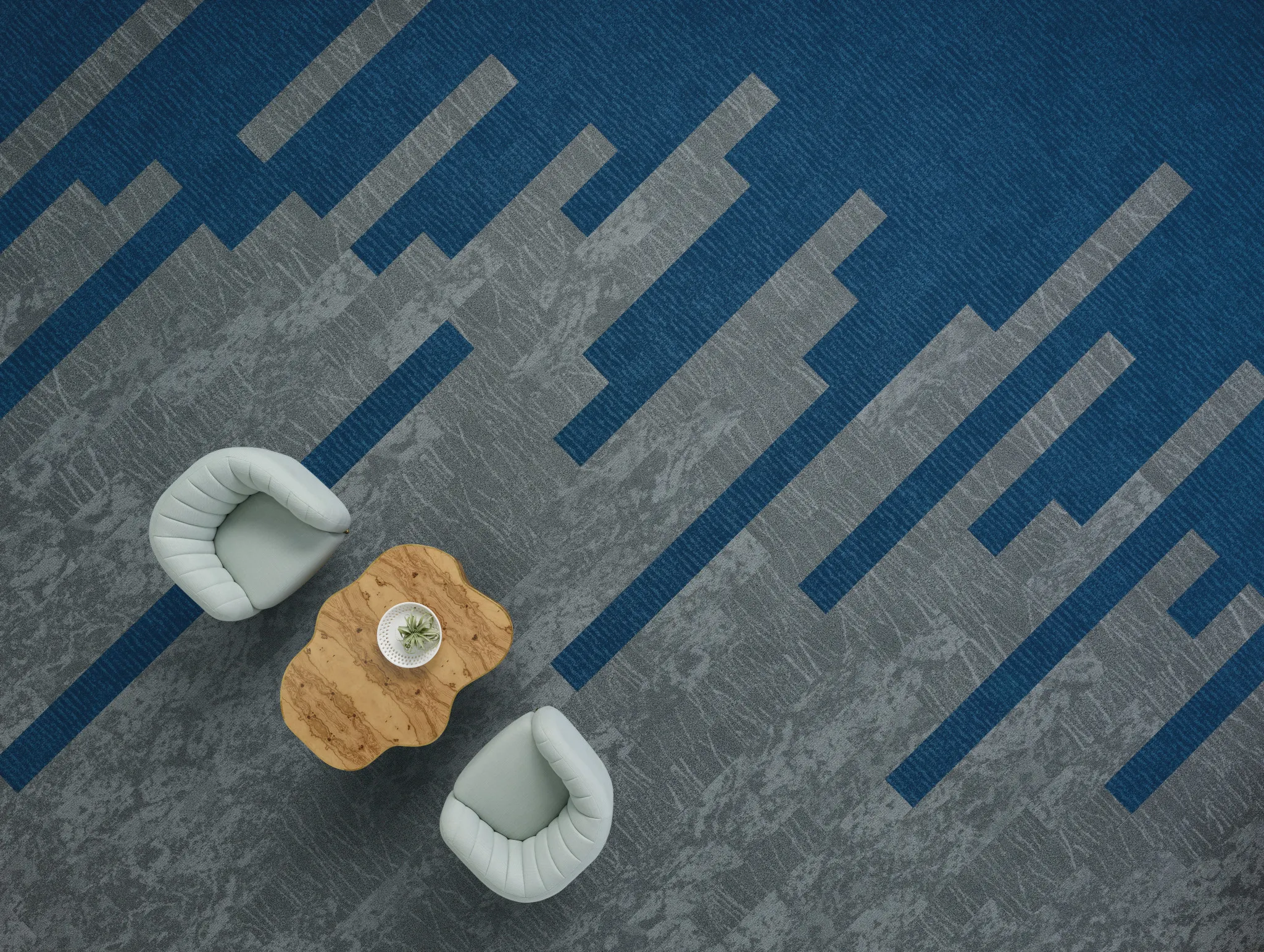 Blue and Gray Geometric Commercial Carpet Tile in Office Setting