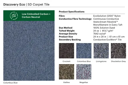 Discovery Eco SD Carpet Tile - Columbus Blue and Other Colors - 24x24 inch Discovery Eco SD Carpet Tile in Columbus Blue, Crockett, Galileo, Magellan, Livingstone, and Shackleton Grey colors with EcoSolution Q100 Nylon and conductive EcoWorx Tile backing, 24x24 inch size