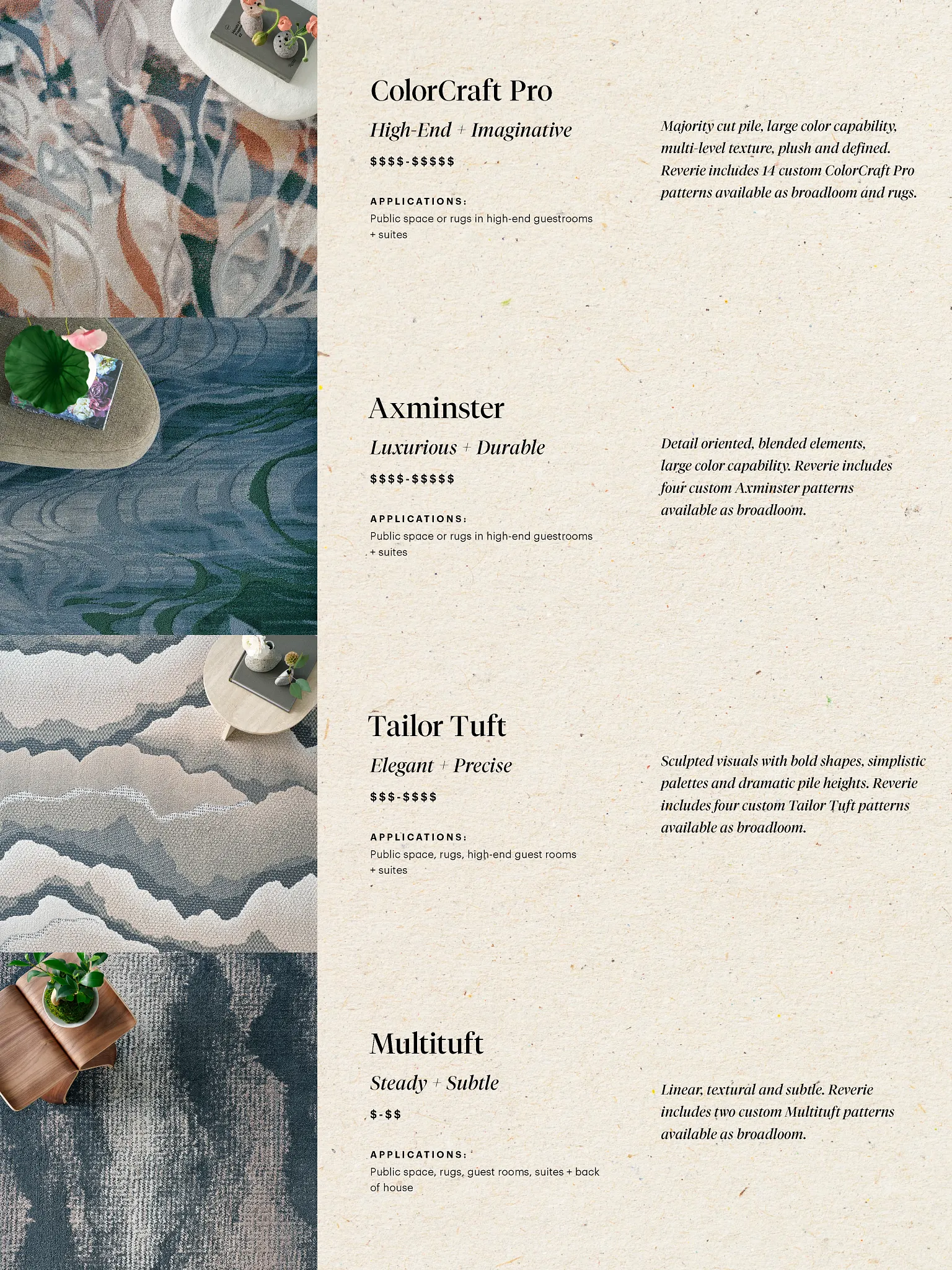 Assorted carpet swatches featuring ColorCraft Pro, Axminster, Tailor Tuft, and Multituft designs