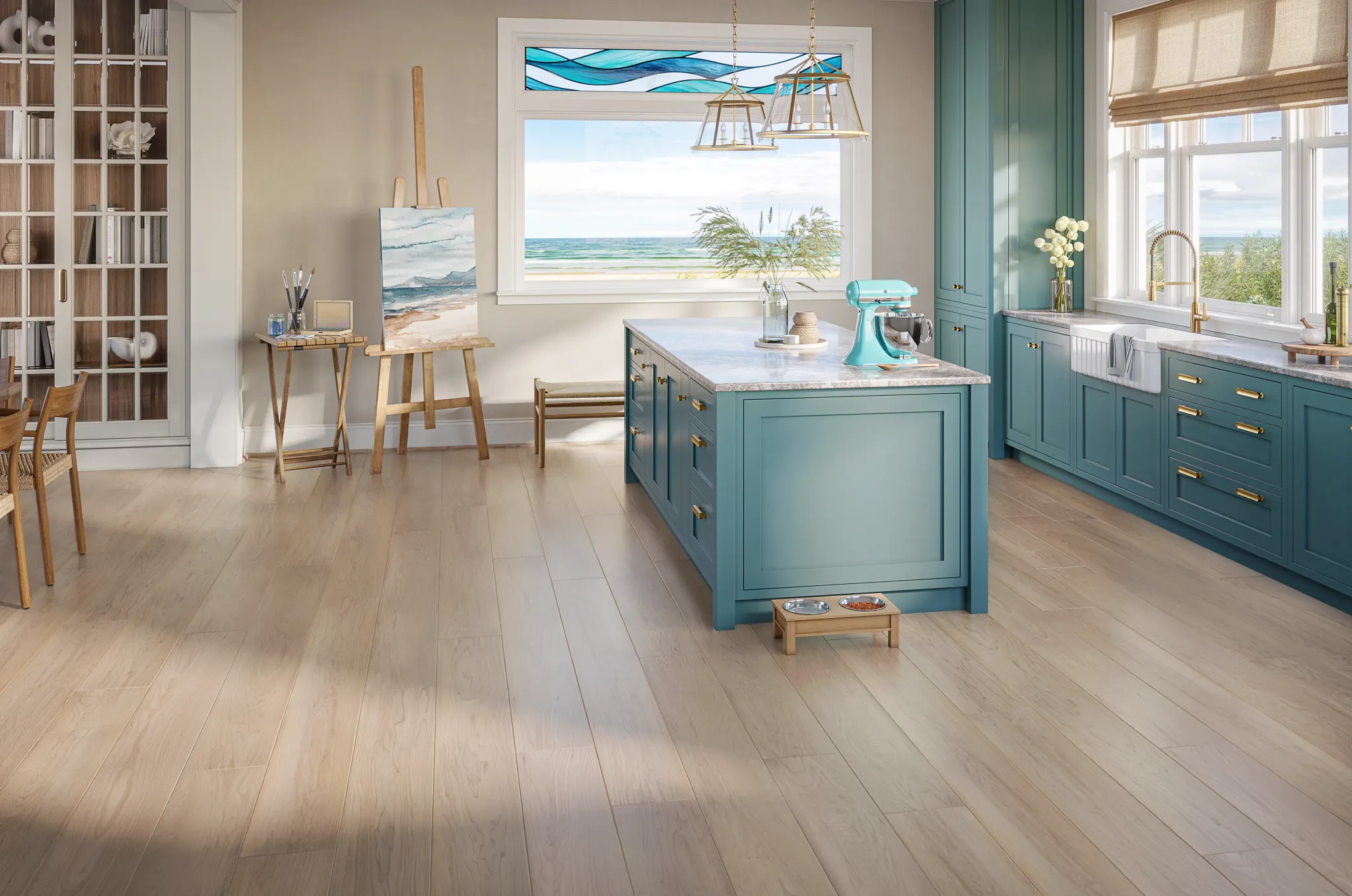 Cross-section view of luxury vinyl plank flooring showcasing multiple layers including a protective top layer, realistic wood look design, and cork underlayment for enhanced comfort and sound absorption