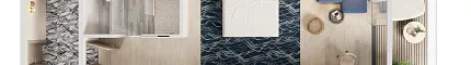 Suite de hotelería contemporánea con una combinación de estilos de piso: alfombra azul, madera y revestimiento cerámico. Finding Focus