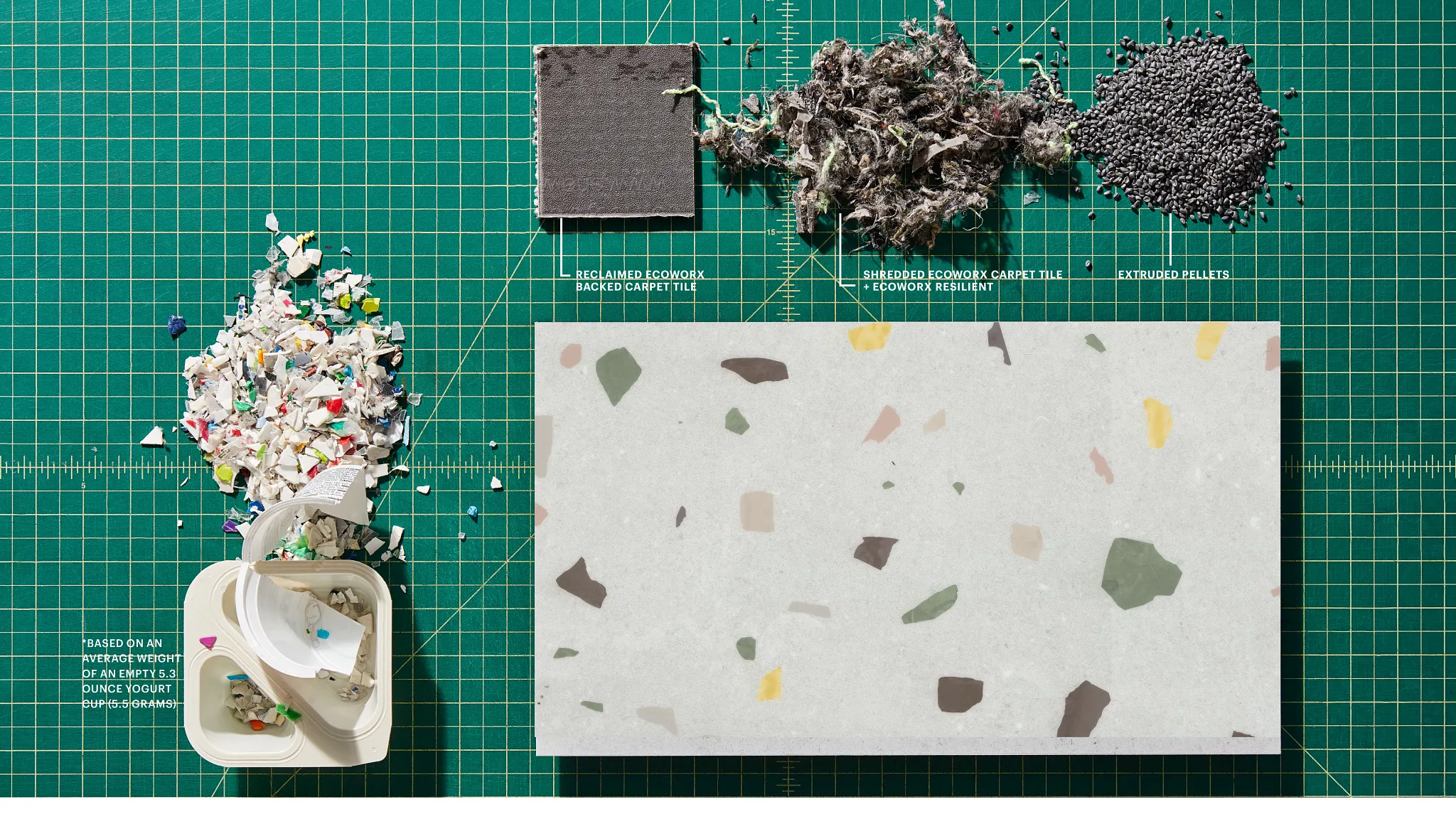 Swatch of commercial carpet tile in shades of grey with material samples