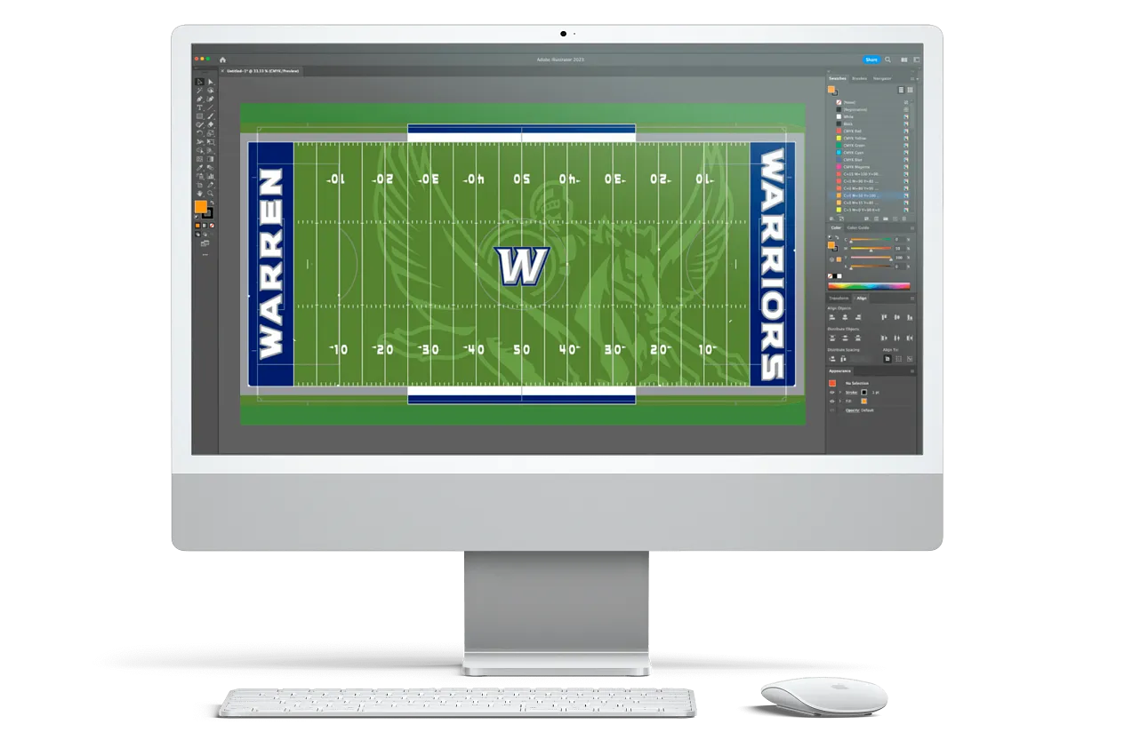 Digital design mockup of a green football field with ‘Warren Warriors’ end zones and large ‘W’ logo at midfield in Illustrator Digital design mockup of a green football field with ‘Warren Warriors’ end zones and large ‘W’ logo at midfield in Illustrator