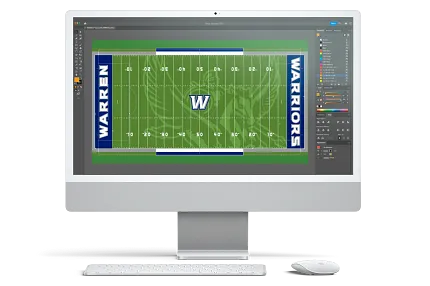 Digital design mockup of a green football field with ‘Warren Warriors’ end zones and large ‘W’ logo at midfield in Illustrator Digital design mockup of a green football field with ‘Warren Warriors’ end zones and large ‘W’ logo at midfield in Illustrator