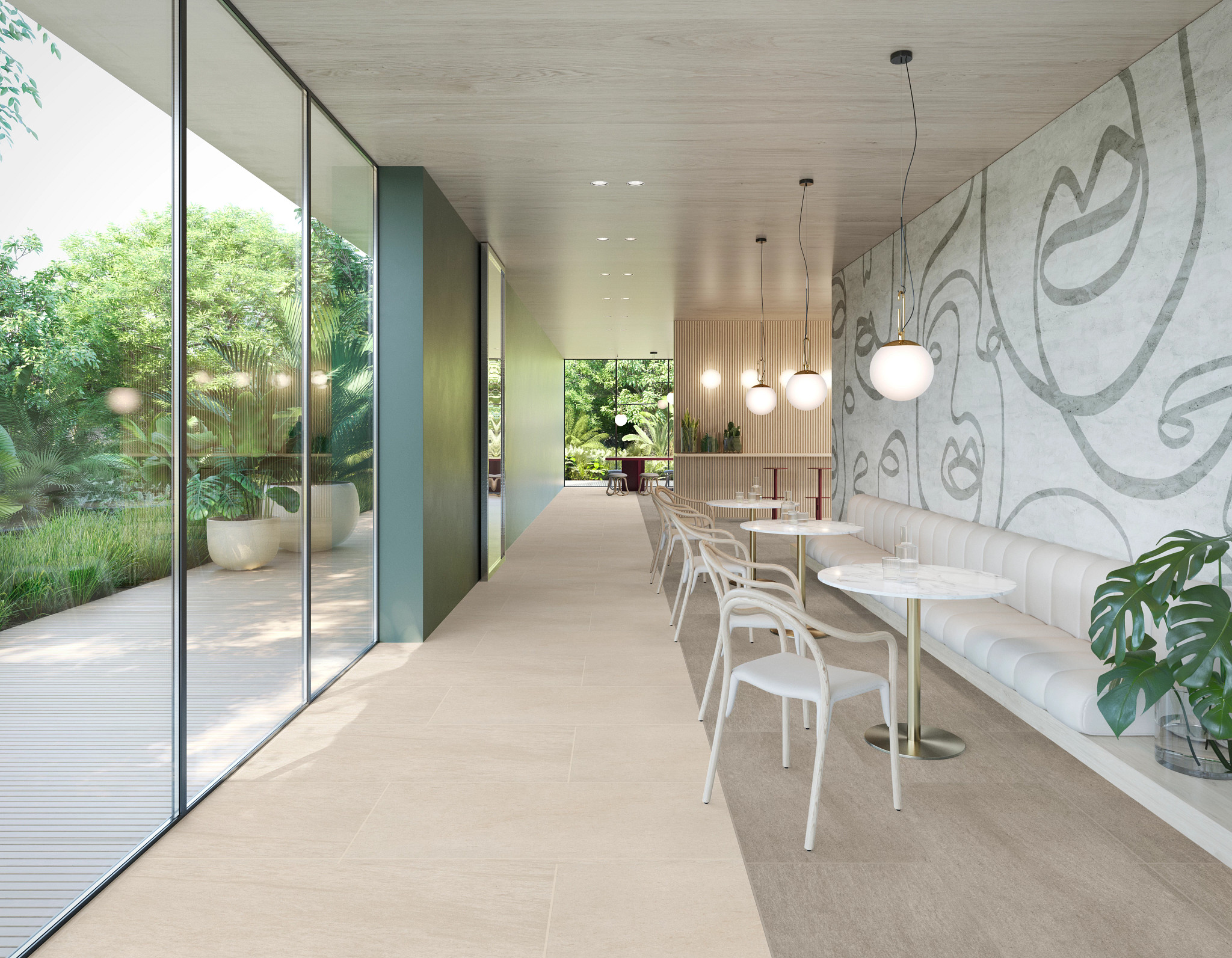 Modern cafe interior with porcelain flooring, featuring beige and gray tiles, large glass windows, white chairs, and round tables