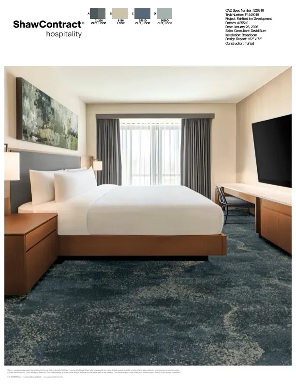 Hospitality room with tufted broadloom carpet in shades of blue and gray