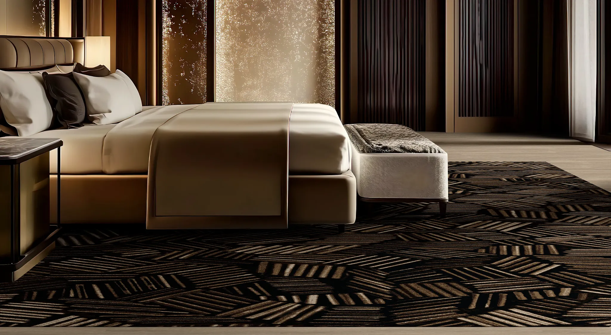 Luxurious bedroom with patterned carpet and elegant lighting