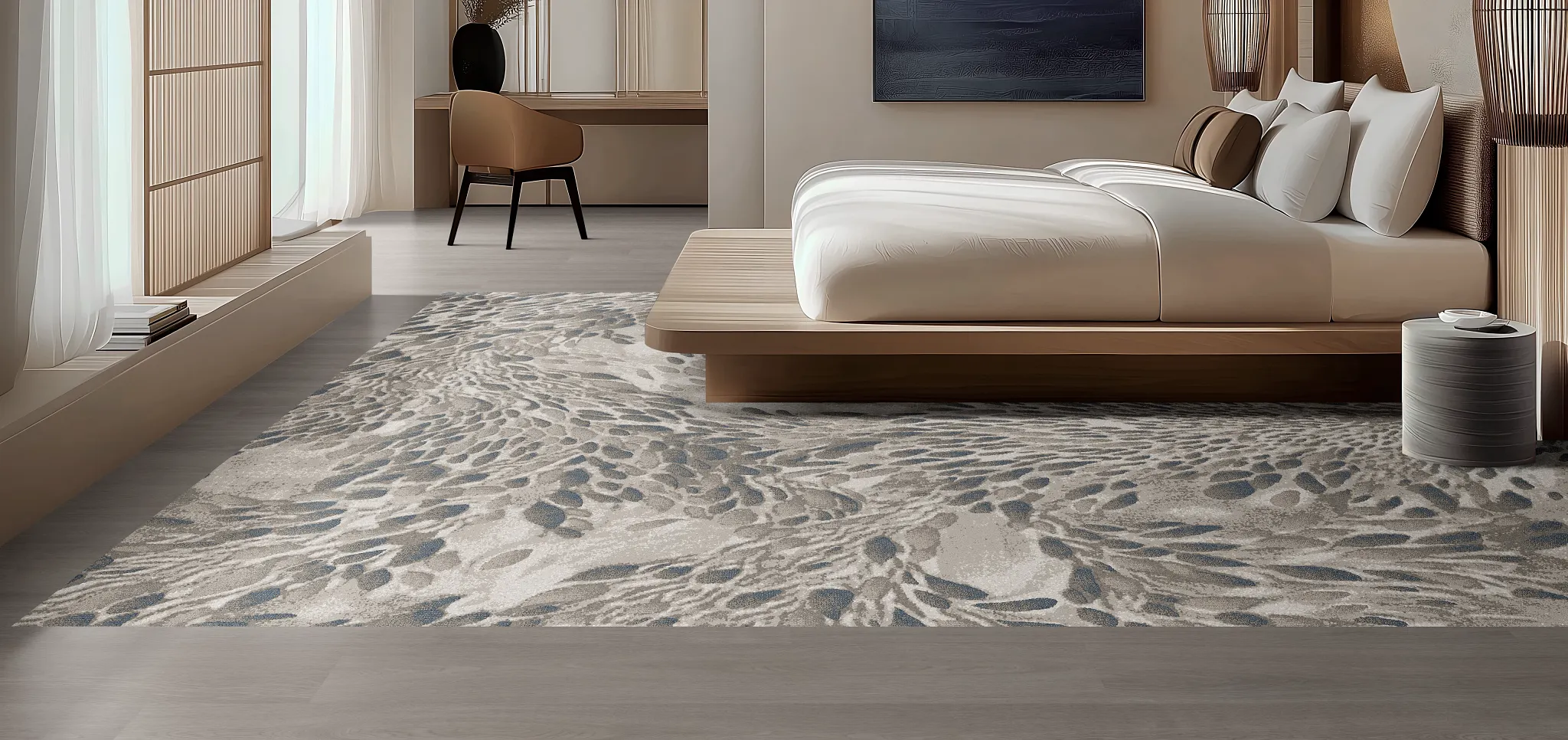 Modern bedroom with elegant floral carpet and sleek hardwood flooring