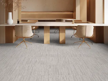 Light Gray Commercial Carpet Tile in Modern Office Space Essence in Quartz Copper Installed Brick