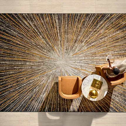 Contemporary interior with stylish carpet and ceramic tile flooring Modern living room with abstract carpet design and beige ceramic tile flooring
