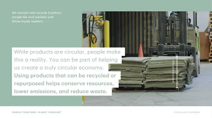 Sustainable carpet recycling for a circular economy EcoWorx carpet tile recycling process with forklift