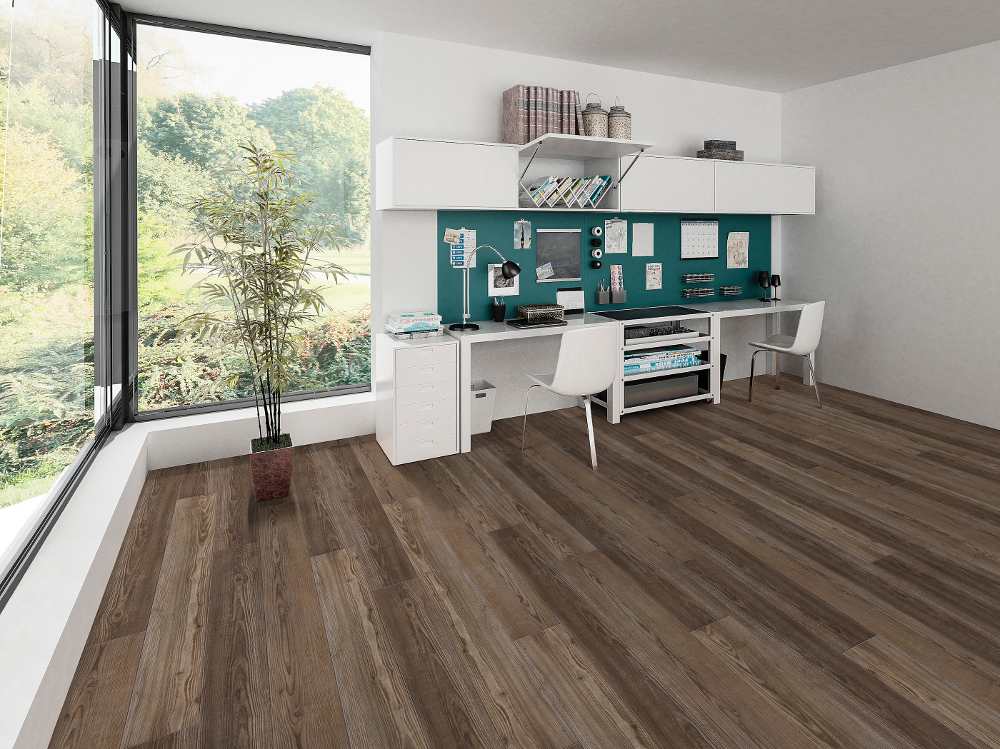 Weathered Brown flooring, shown in a room
